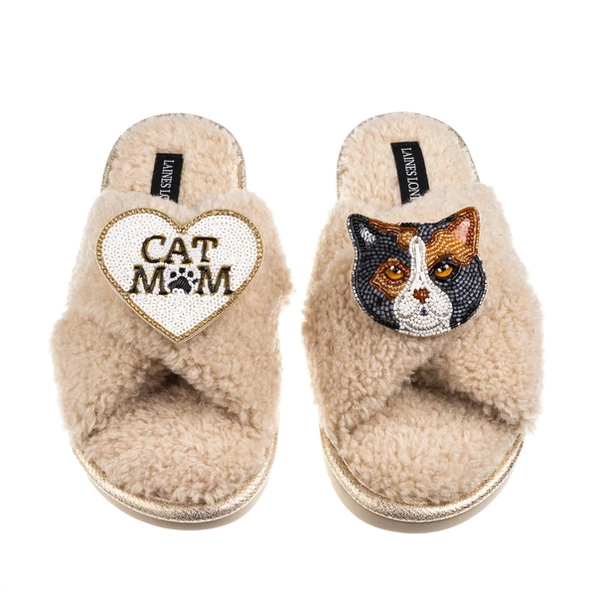 laines london Boucle Slippers With Cat Mum/Mom & Calico British Shorthair Cat Brooches