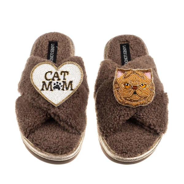 Laines London Boucle Slippers With Cat Mum/Mom & Ginger Persian Cat Brooches
