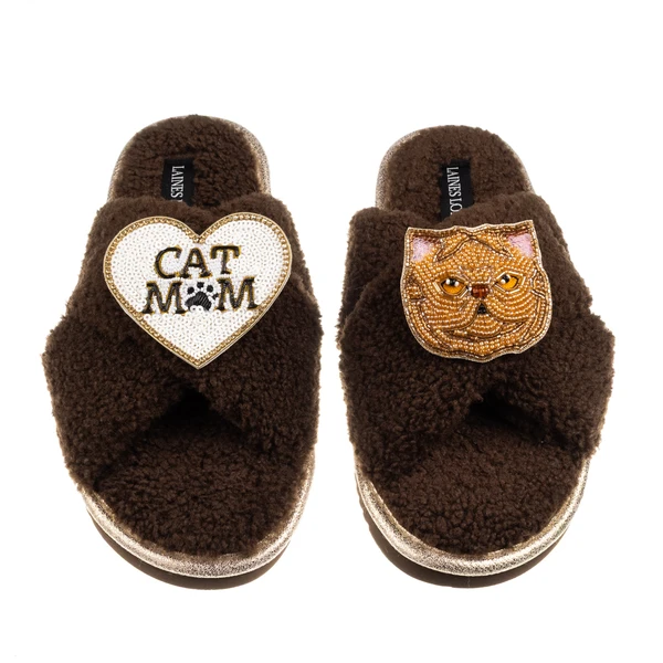 Laines London Boucle Slippers With Cat Mum/Mom & Ginger Persian Cat Brooches