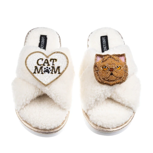 Laines London Boucle Slippers With Cat Mum/Mom & Ginger Persian Cat Brooches