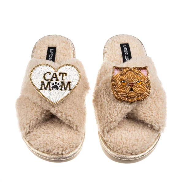 laines london Boucle Slippers With Cat Mum/Mom & Ginger Persian Cat Brooches