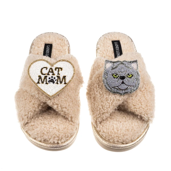 Laines London Boucle Slippers With Cat Mum/Mom & Grey Persian Cat Brooches