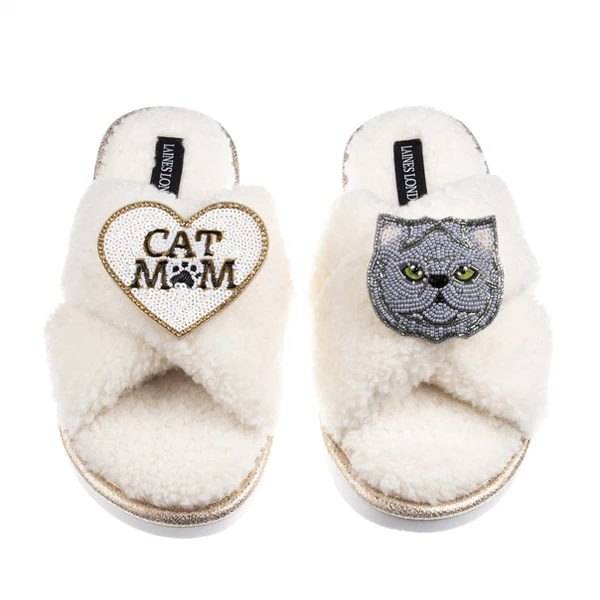 Laines London Boucle Slippers With Cat Mum/Mom & Grey Persian Cat Brooches