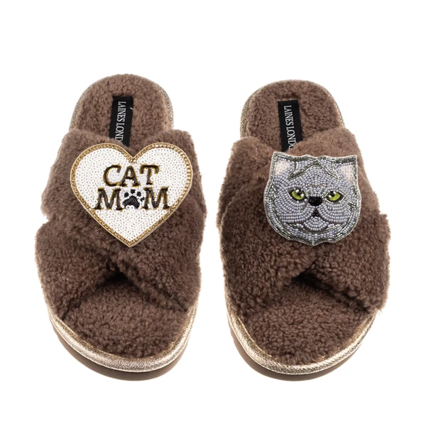 Laines London Boucle Slippers With Cat Mum/Mom & Grey Persian Cat Brooches