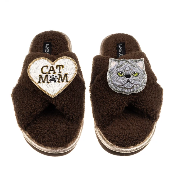 laines london Boucle Slippers With Cat Mum/Mom & Grey Persian Cat Brooches laines london Boucle Slippers With Cat Mum/Mom & Grey Persian Cat Brooches