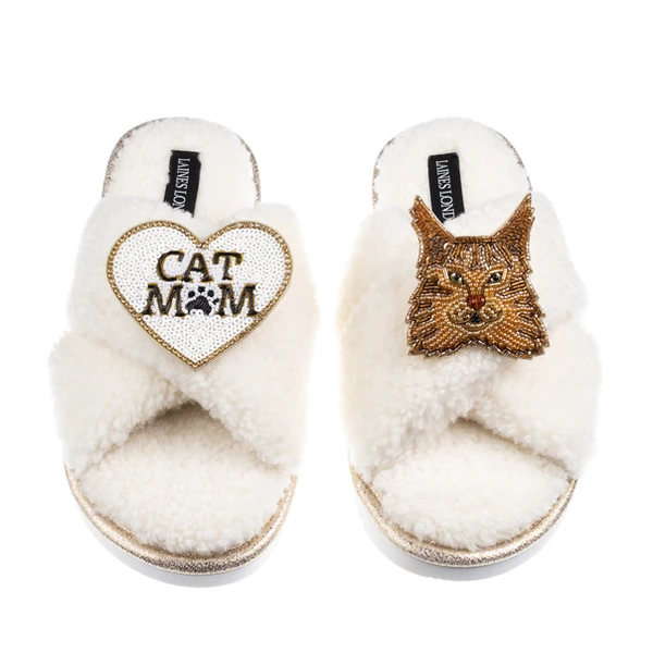 Laines London Boucle Slippers With Cat Mum/Mom & Maine Coon Cat Brooches