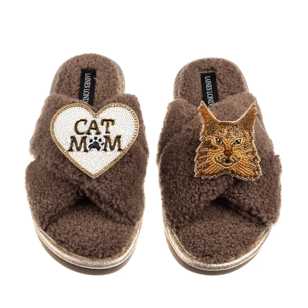 Laines London Boucle Slippers With Cat Mum/Mom & Maine Coon Cat Brooches
