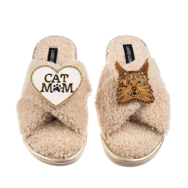 Laines London Boucle Slippers With Cat Mum/Mom & Maine Coon Cat Brooches