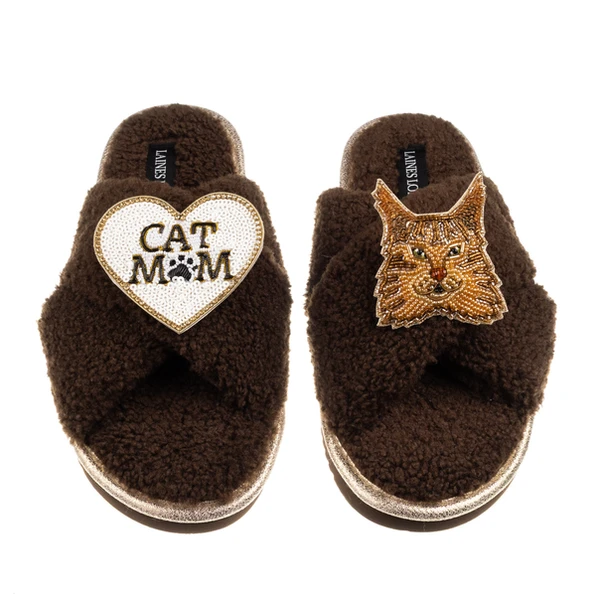 laines london Boucle Slippers With Cat Mum/Mom & Maine Coon Cat Brooches