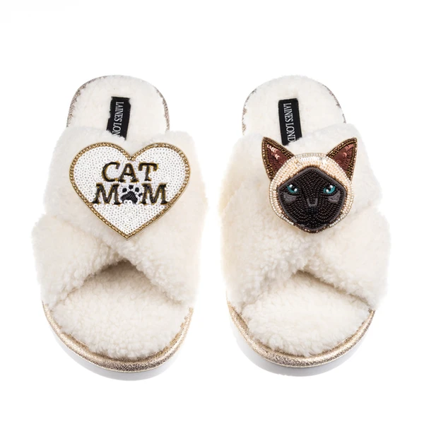 Laines London Boucle Slippers With Cat Mum/Mom & Siamese Cat Brooches