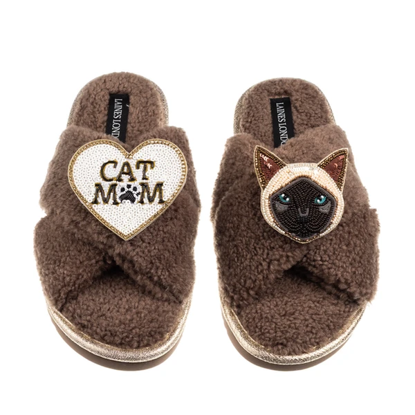Laines London Boucle Slippers With Cat Mum/Mom & Siamese Cat Brooches