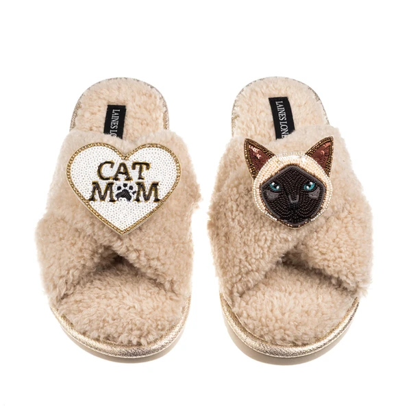 Laines London Boucle Slippers With Cat Mum/Mom & Siamese Cat Brooches