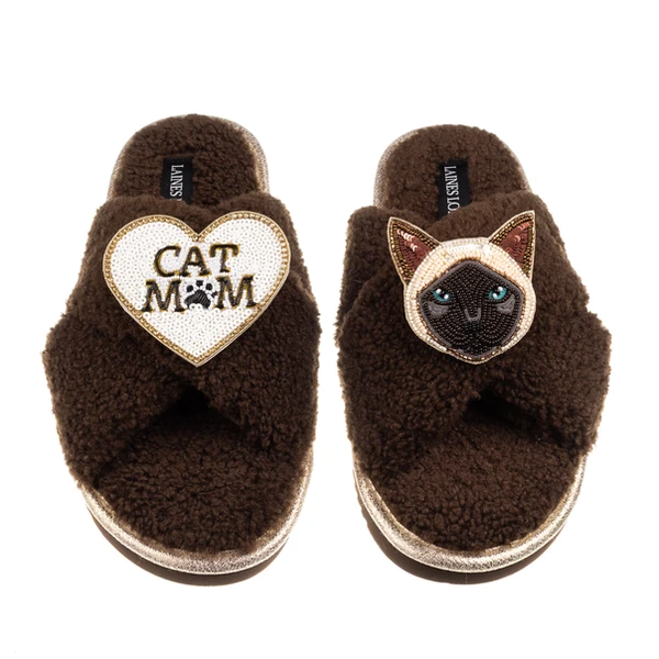 laines london Boucle Slippers With Cat Mum/Mom & Siamese Cat Brooches