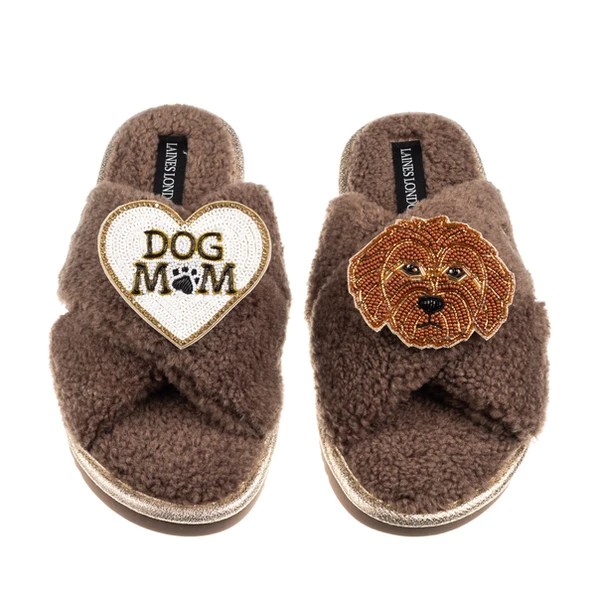 Laines London Boucle Slippers With Dog Mum/Mom & Apricot Cockapoo Brooches
