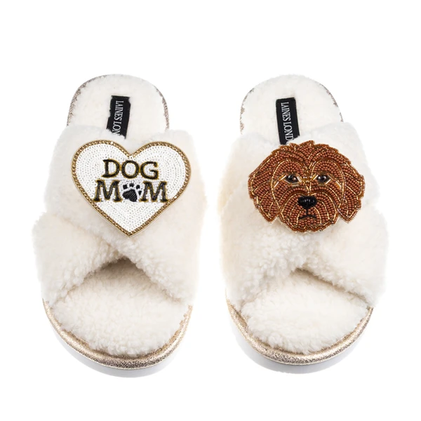 Laines London Boucle Slippers With Dog Mum/Mom & Apricot Cockapoo Brooches