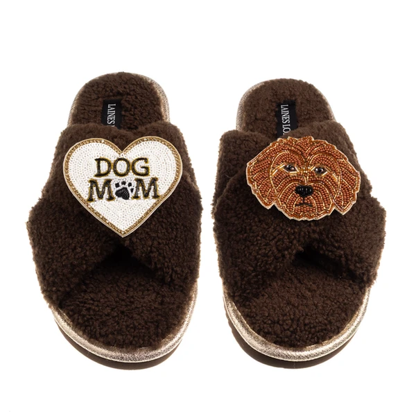 laines london Boucle Slippers With Dog Mum/Mom & Apricot Cockapoo Brooches