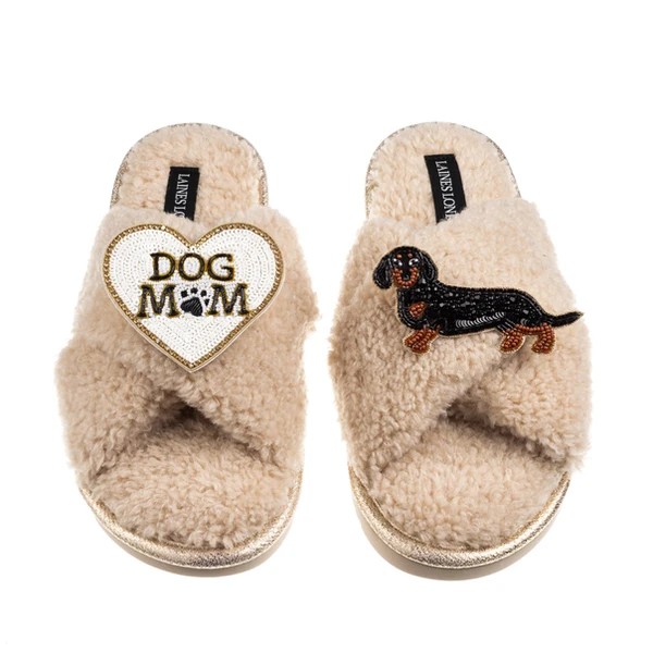 Laines London Boucle Slippers With Dog Mum/Mom & Black & Tan Dachshund Brooches