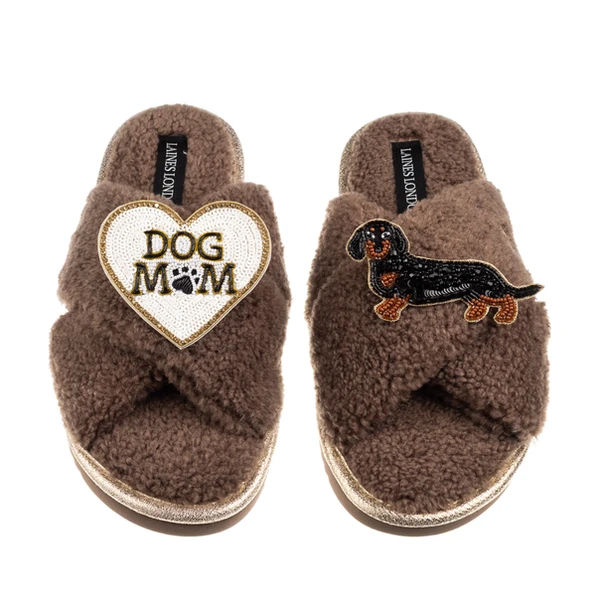 Laines London Boucle Slippers With Dog Mum/Mom & Black & Tan Dachshund Brooches