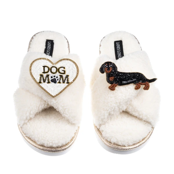 Laines London Boucle Slippers With Dog Mum/Mom & Black & Tan Dachshund Brooches