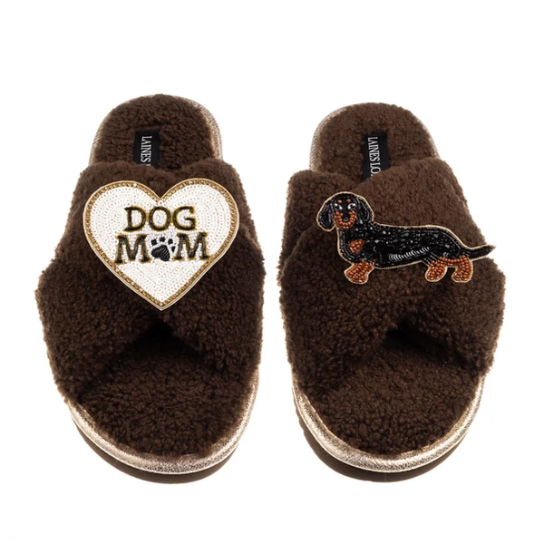 laines london Boucle Slippers With Dog Mum/Mom & Black & Tan Dachshund Brooches