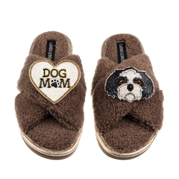 Laines London Boucle Slippers With Dog Mum/Mom & Black & White Shih Tzu Brooches
