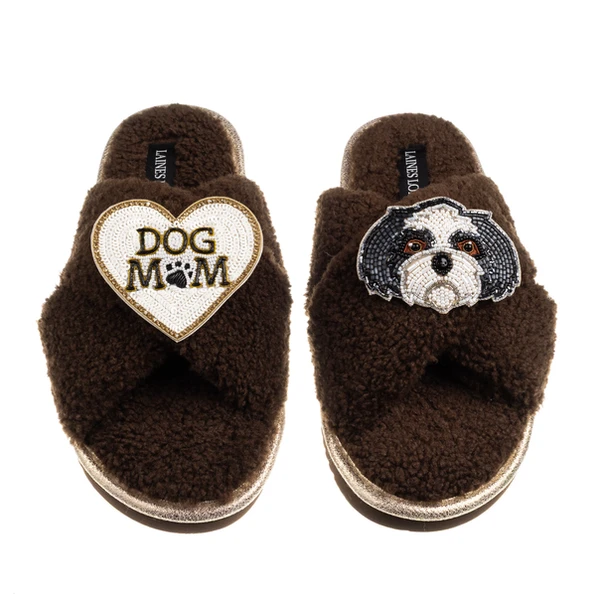 Laines London Boucle Slippers With Dog Mum/Mom & Black & White Shih Tzu Brooches