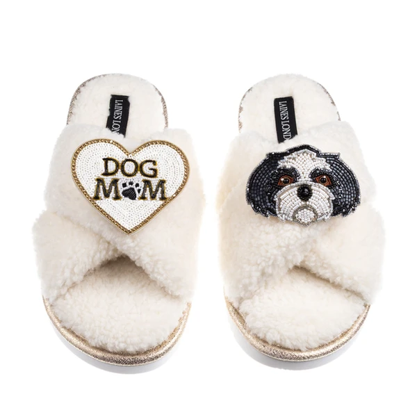 Laines London Boucle Slippers With Dog Mum/Mom & Black & White Shih Tzu Brooches