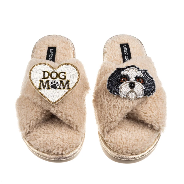 laines london Boucle Slippers With Dog Mum/Mom & Black & White Shih Tzu Brooches