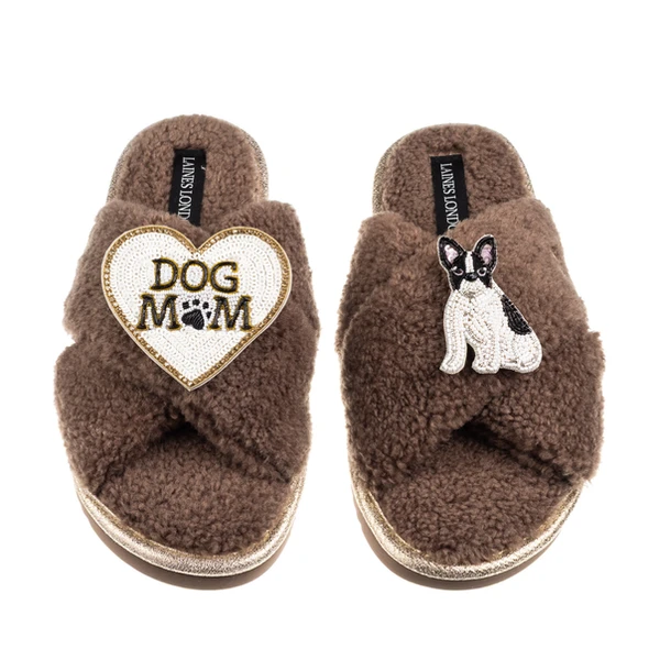 Laines London Boucle Slippers With Dog Mum/Mom & Black/White Sitting French Bulldog Brooches