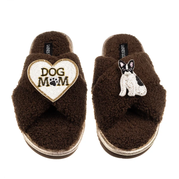 Laines London Boucle Slippers With Dog Mum/Mom & Black/White Sitting French Bulldog Brooches