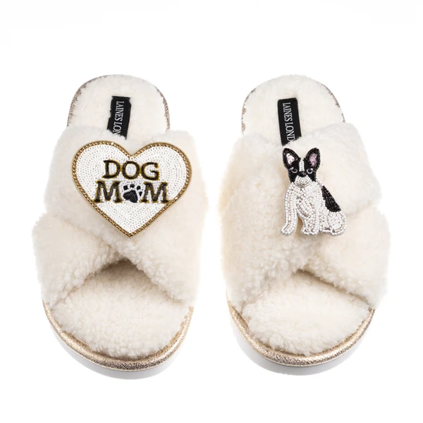 Laines London Boucle Slippers With Dog Mum/Mom & Black/White Sitting French Bulldog Brooches