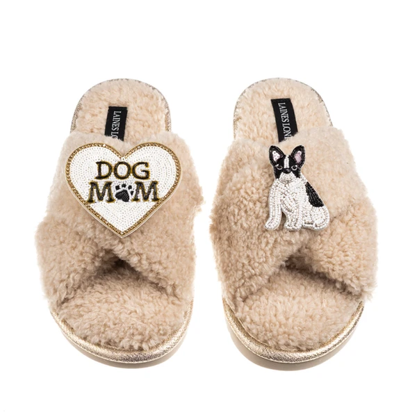 laines london Boucle Slippers With Dog Mum/Mom & Black/White Sitting French Bulldog Brooches