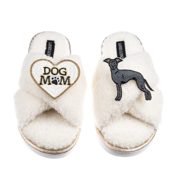 Laines London Boucle Slippers With Dog Mum/Mom & Blue Italian Greyhound Brooches
