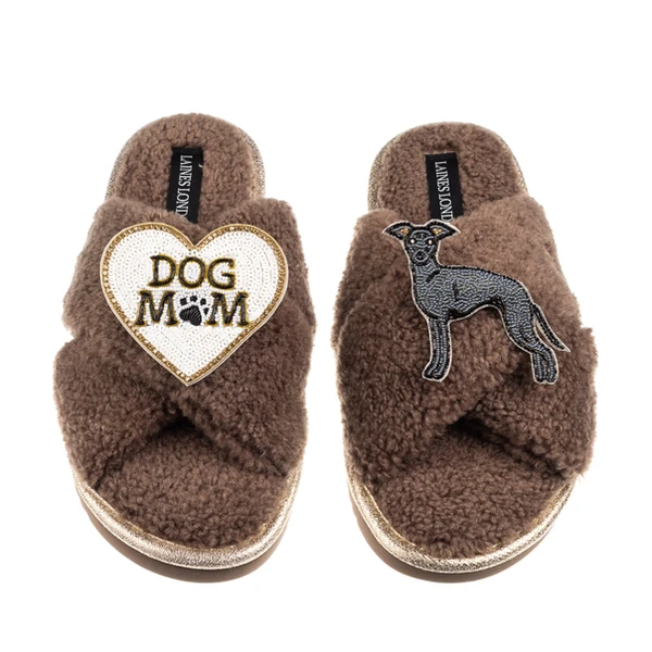 Laines London Boucle Slippers With Dog Mum/Mom & Blue Italian Greyhound Brooches