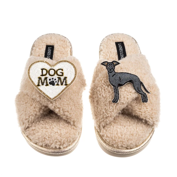Laines London Boucle Slippers With Dog Mum/Mom & Blue Italian Greyhound Brooches