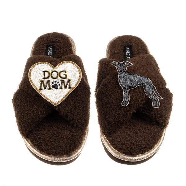 laines london Boucle Slippers With Dog Mum/Mom & Blue Italian Greyhound Brooches