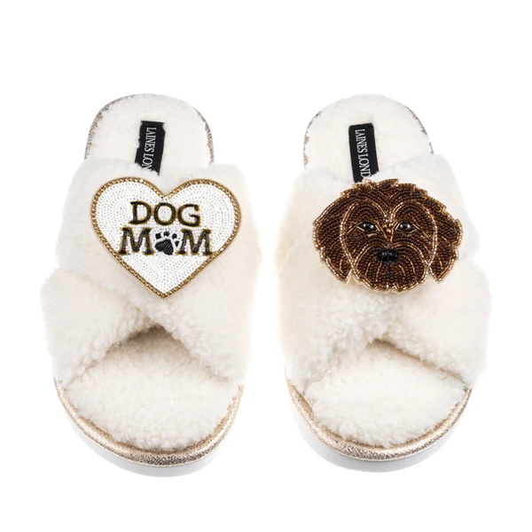 Laines London Boucle Slippers With Dog Mum/Mom & Chocolate Cockapoo Brooches