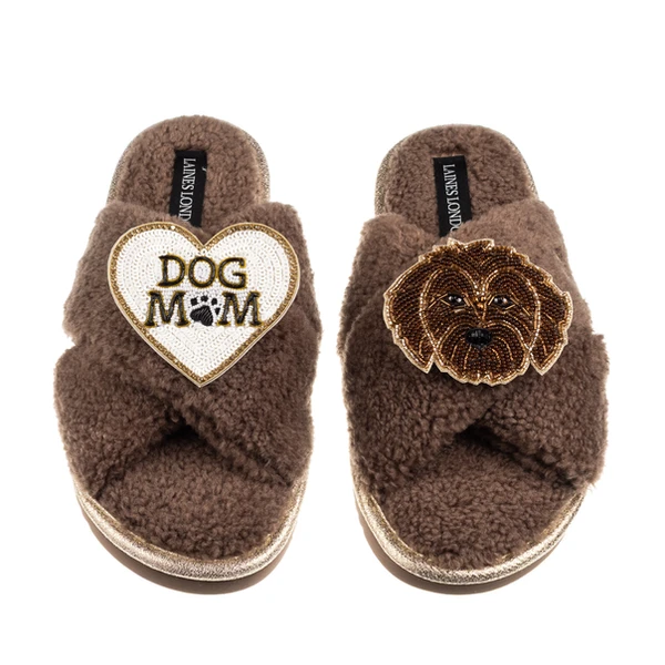 Laines London Boucle Slippers With Dog Mum/Mom & Chocolate Cockapoo Brooches