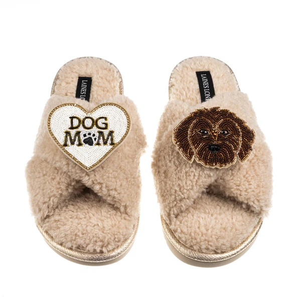 Laines London Boucle Slippers With Dog Mum/Mom & Chocolate Cockapoo Brooches
