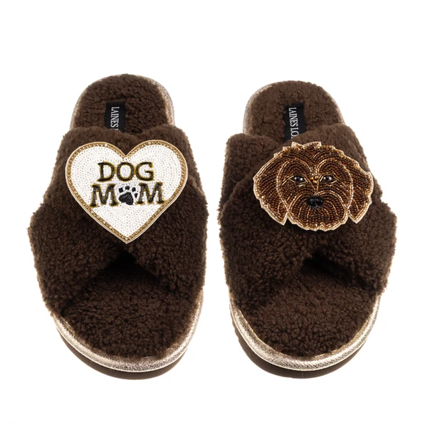 laines london Boucle Slippers With Dog Mum/Mom & Chocolate Cockapoo Brooches