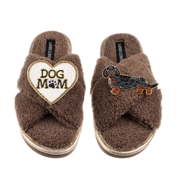 Laines London Boucle Slippers With Dog Mum/Mom & Dapple Dachshund Brooches
