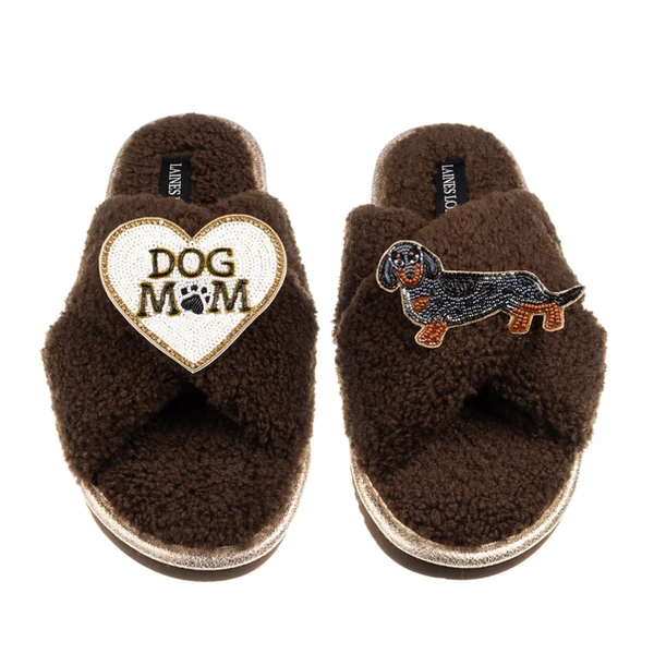 Laines London Boucle Slippers With Dog Mum/Mom & Dapple Dachshund Brooches