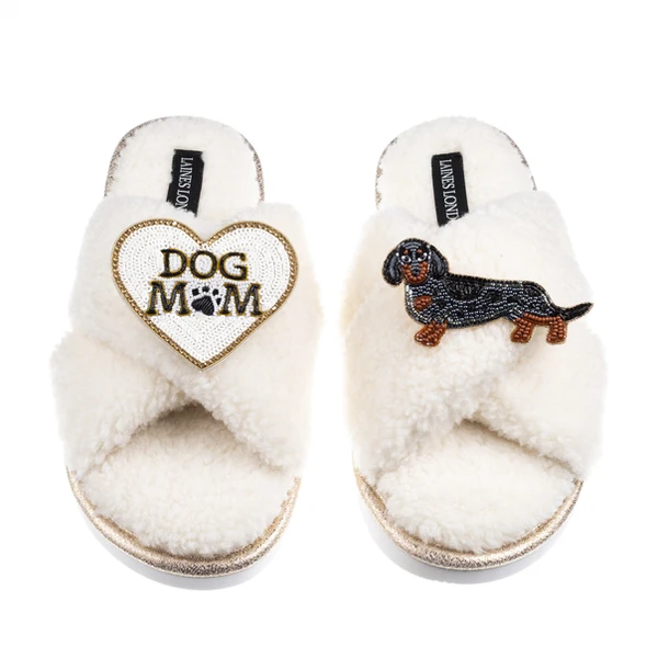 Laines London Boucle Slippers With Dog Mum/Mom & Dapple Dachshund Brooches