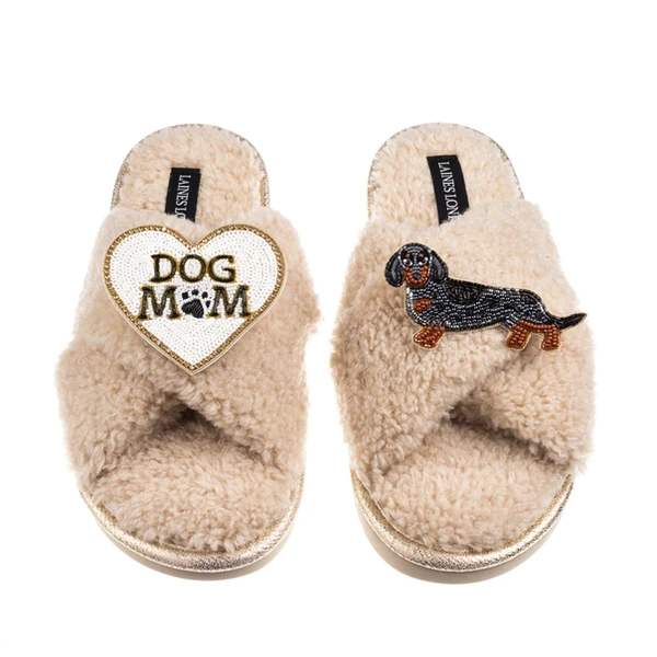 laines london Boucle Slippers With Dog Mum/Mom & Dapple Dachshund Brooches