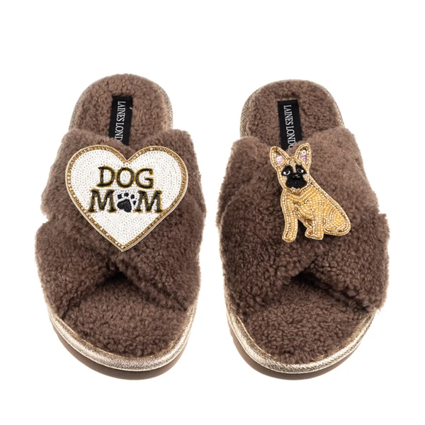 Laines London Boucle Slippers With Dog Mum/Mom & Fawn Sitting French Bulldog Brooches