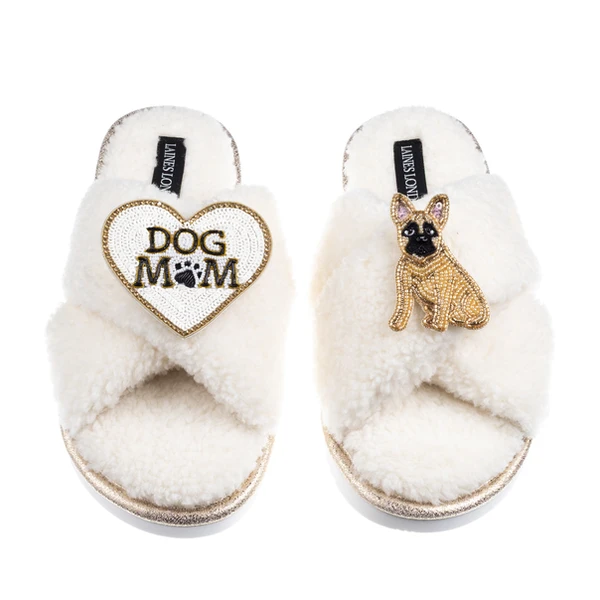 Laines London Boucle Slippers With Dog Mum/Mom & Fawn Sitting French Bulldog Brooches