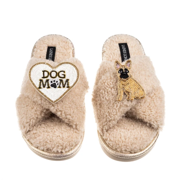laines london Boucle Slippers With Dog Mum/Mom & Fawn Sitting French Bulldog Brooches