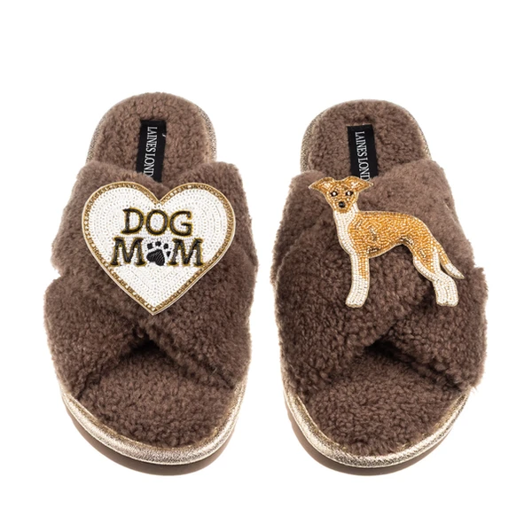 Laines London Boucle Slippers With Dog Mum/Mom & Fawn & White Italian Greyhound Brooches