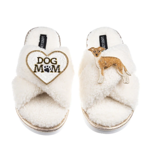 Laines London Boucle Slippers With Dog Mum/Mom & Fawn & White Italian Greyhound Brooches