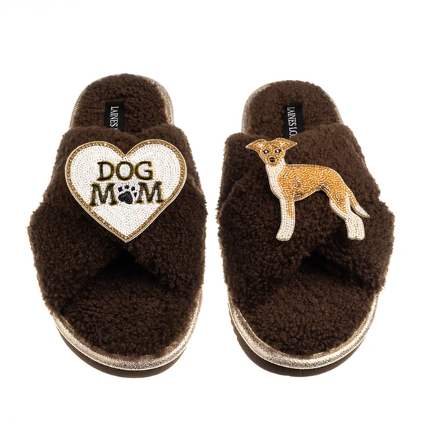Laines London Boucle Slippers With Dog Mum/Mom & Fawn & White Italian Greyhound Brooches